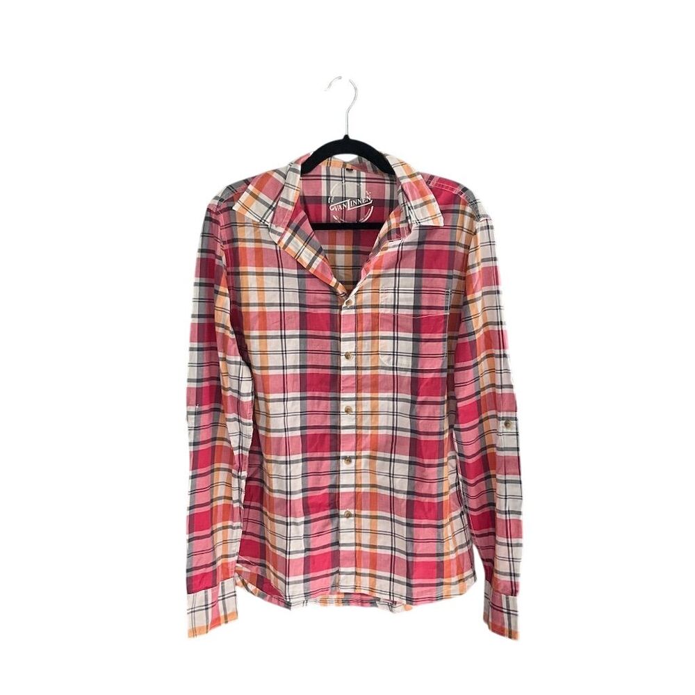 Van Linnen Mens Orange Plaid Cotton Roll Tab Long Sleeve Button Down‎ Shirt M
